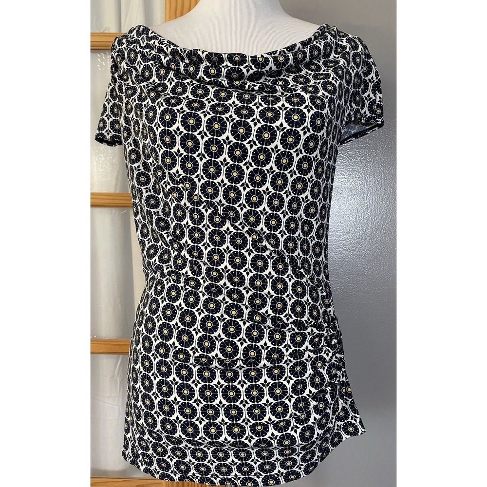 Max Studio floral Cowl Neck Blouse Sz L Black Side Ruched Pullover Career City